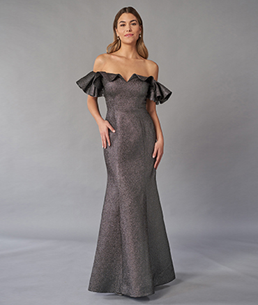 Full Length Exposed Shoulder Warm Gray Wedding Dress by Myline's Bridal in Greensboro, NC